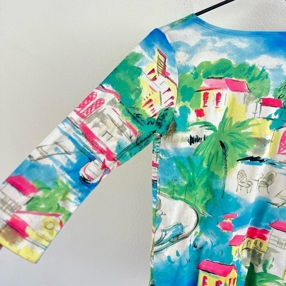 Northern Isles Coastal Village Vibrant Neon Pink Blue Quarter Sleeve Top Small - Picture 6 of 12